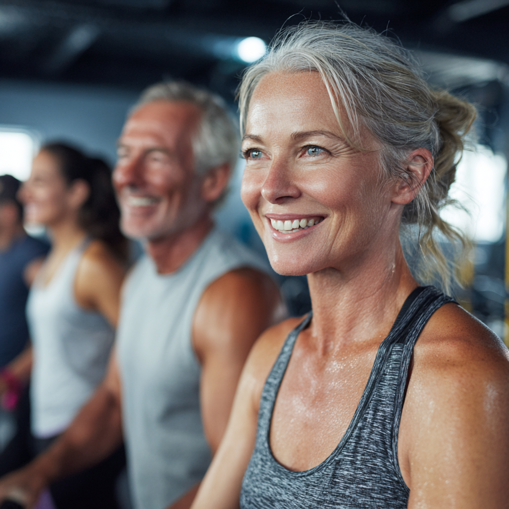 Middle-aged adults exercising together in modern fitness facility