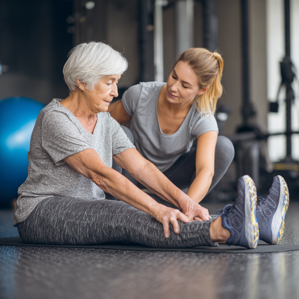 Senior woman doing stretching exercises with personal trainer guidance